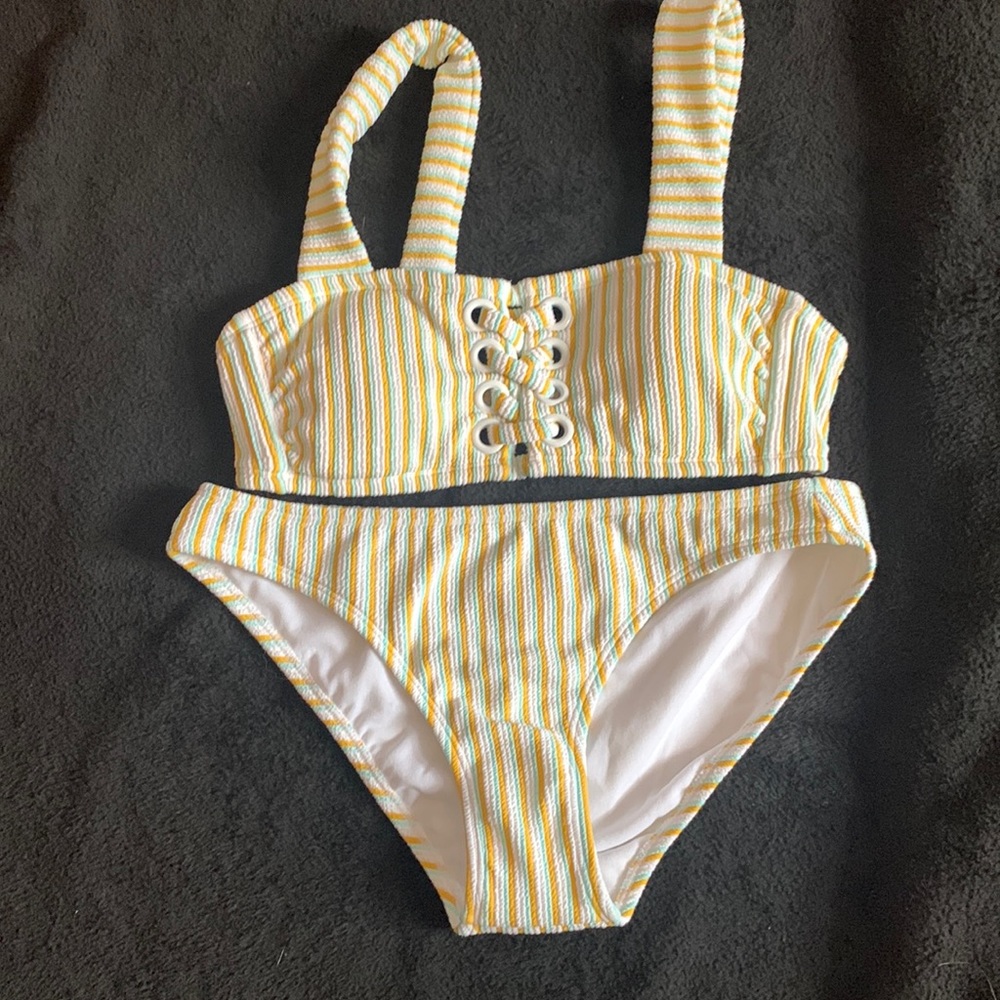 Xhiliration bikini new without tags size medium lace up front stripe